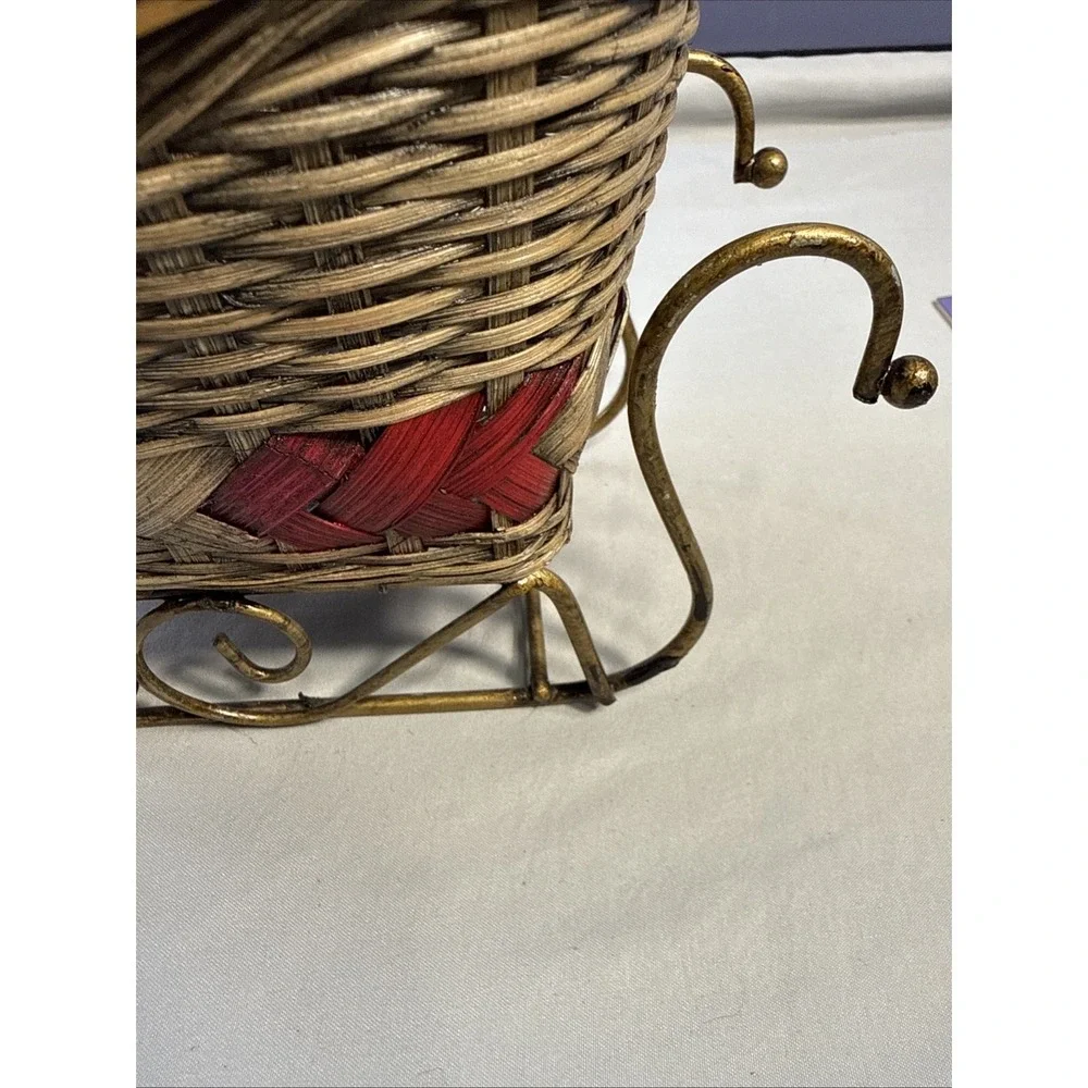 Vintage Christmas Wicker Sleigh Basket with Gold-Tone Metal Runners